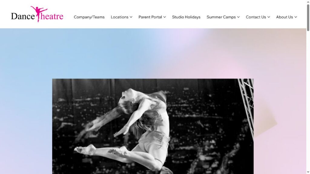 Dance Theatre homepage showing a stage-performance hero and studio navigation